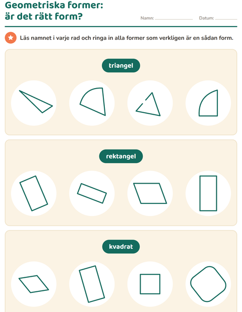 Förhandsvisning av Geometriska former-arbetsblad för Årskurs 1