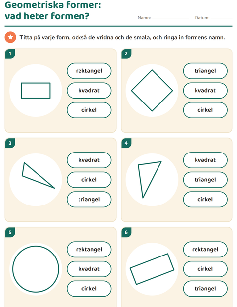 Förhandsvisning av Geometriska former-arbetsblad för Förskoleklass