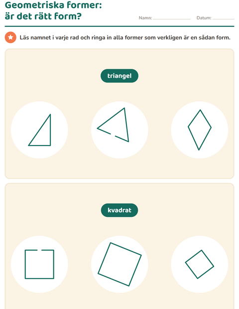 Förhandsvisning av Geometriska former-arbetsblad för Årskurs 1
