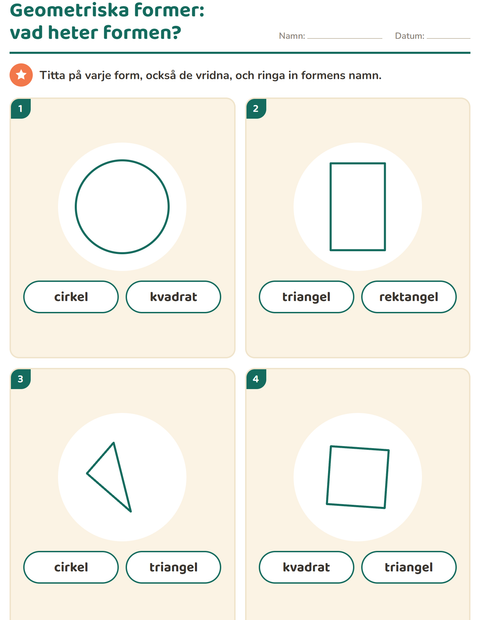 Förhandsvisning av Geometriska former-arbetsblad för Förskoleklass