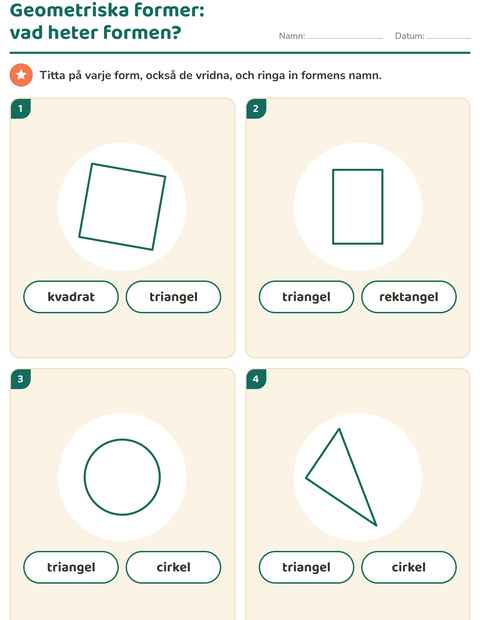 Förhandsvisning av Geometriska former-arbetsblad för Förskoleklass