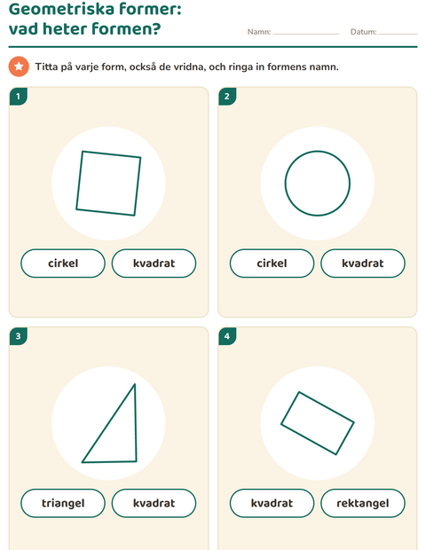 Förhandsvisning av Geometriska former-arbetsblad för Förskoleklass