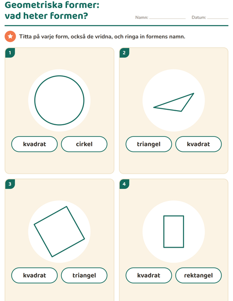 Förhandsvisning av Geometriska former-arbetsblad för Förskoleklass