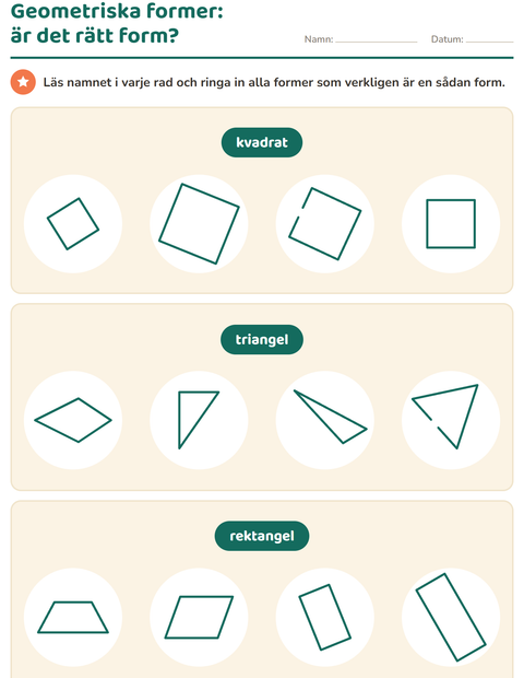 Förhandsvisning av Geometriska former-arbetsblad för Årskurs 1