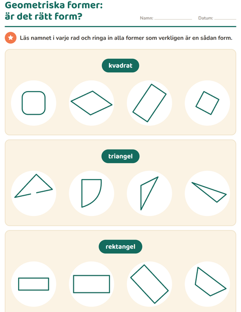 Förhandsvisning av Geometriska former-arbetsblad för Årskurs 1