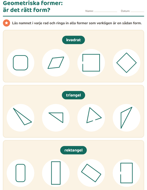 Förhandsvisning av Geometriska former-arbetsblad för Årskurs 1