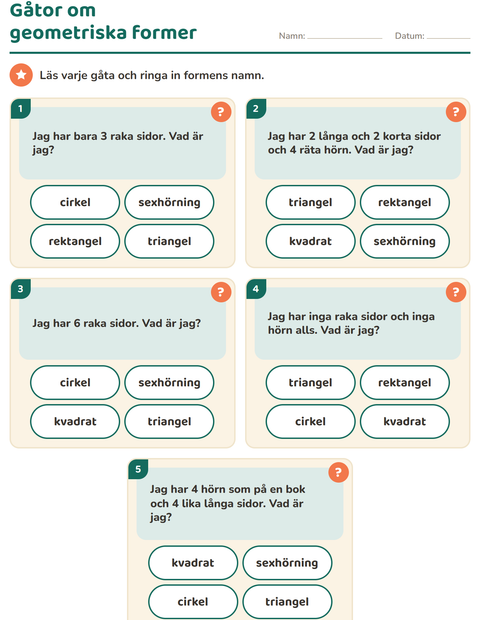 Förhandsvisning av Geometriska former-arbetsblad för Årskurs 1