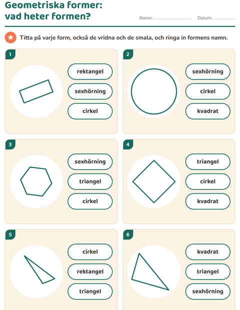Förhandsvisning av Geometriska former-arbetsblad för Förskoleklass