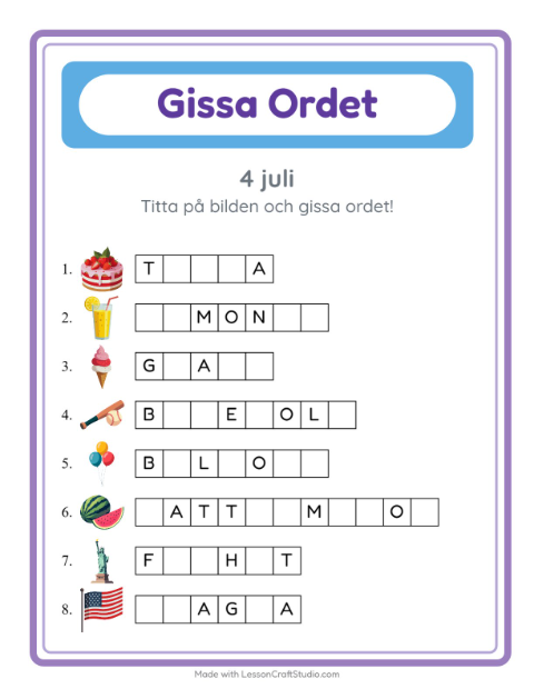 Förhandsvisning av Gissa Ordet-arbetsblad med 4 juli för Förskoleklass