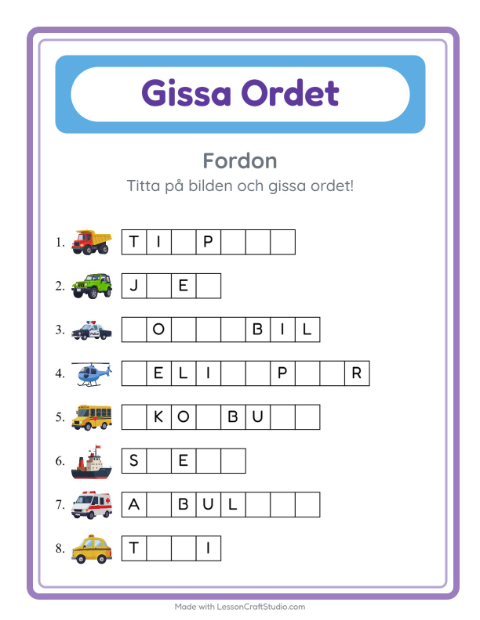 Förhandsvisning av Gissa ordet med fordon – arbetsblad för årskurs 1