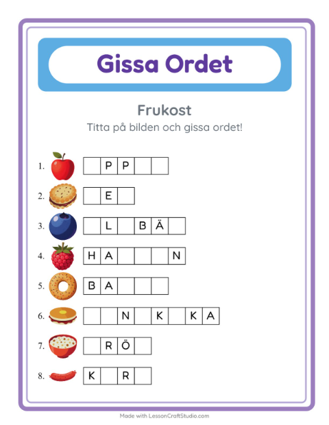Förhandsvisning av Gissa Ordet-arbetsblad med Frukost för Förskoleklass