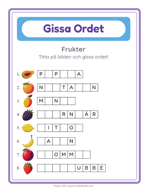 Förhandsvisning av Gissa ordet med frukter – arbetsblad för årskurs 1