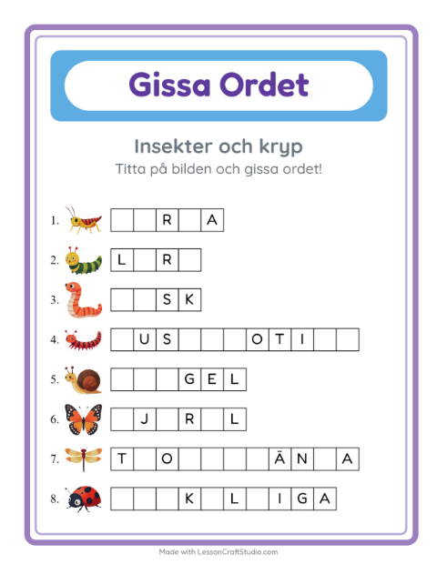 Förhandsvisning av Gissa Ordet-arbetsblad med Insekter och kryp för Förskoleklass