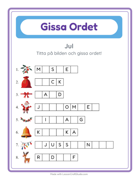 Förhandsvisning av Gissa Ordet-arbetsblad med Jul för Förskoleklass