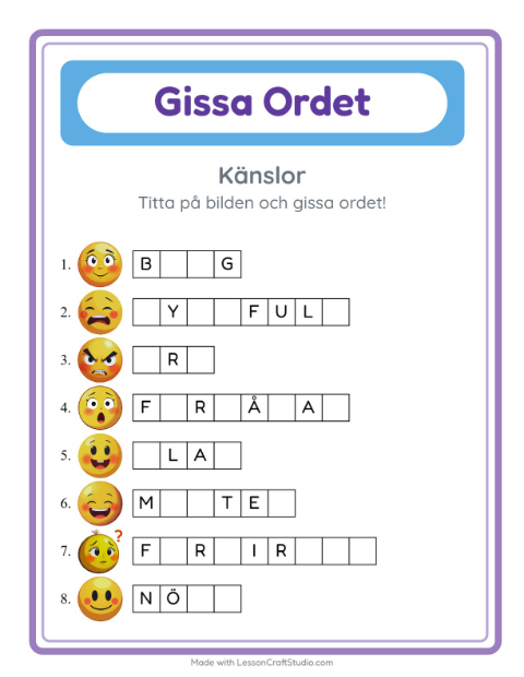 Förhandsvisning av Gissa Ordet-arbetsblad med Känslor för Förskoleklass