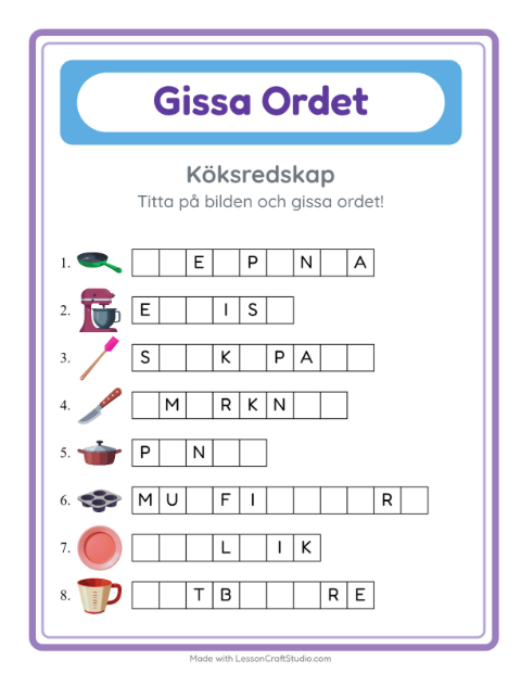 Förhandsvisning av Gissa ordet med redskap – arbetsblad för årskurs 1