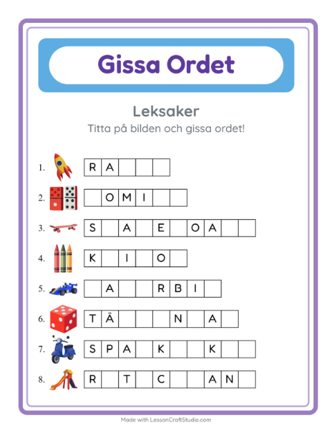 Förhandsvisning av Gissa ordet med leksaker – arbetsblad för årskurs 1