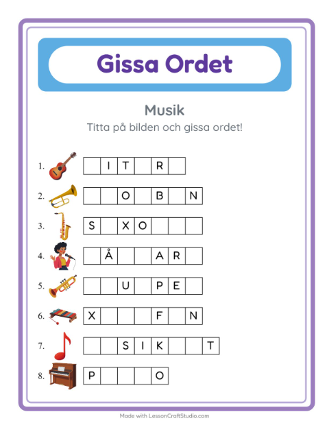 Förhandsvisning av Gissa Ordet-arbetsblad med Musik för Förskoleklass