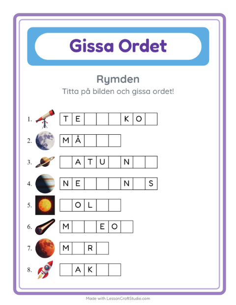 Förhandsvisning av Gissa Ordet-arbetsblad med Rymden för Förskoleklass