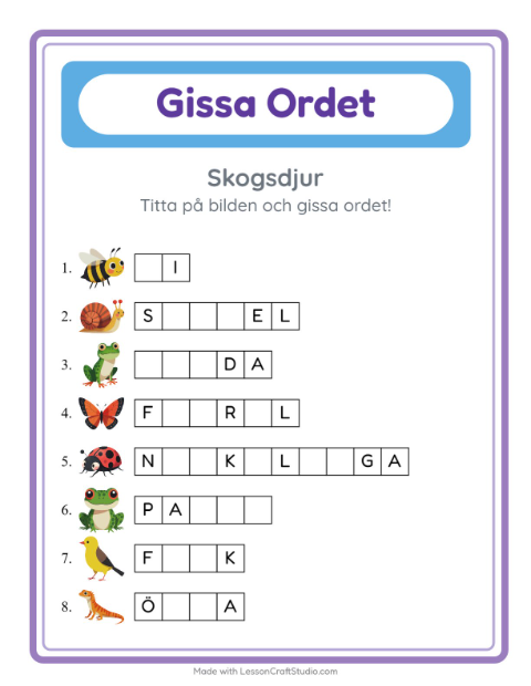 Förhandsvisning av Gissa Ordet-arbetsblad med Skogsdjur för Förskoleklass