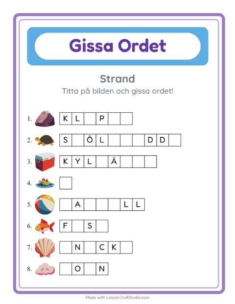 Förhandsvisning av Gissa Ordet-arbetsblad med Strand för Förskoleklass