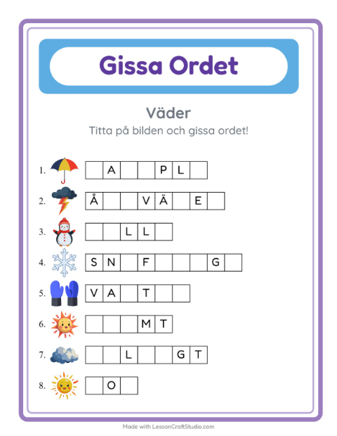 Förhandsvisning av Gissa Ordet-arbetsblad med Väder för Förskoleklass