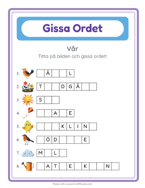 Förhandsvisning av Gissa Ordet-arbetsblad med Vår för Förskoleklass