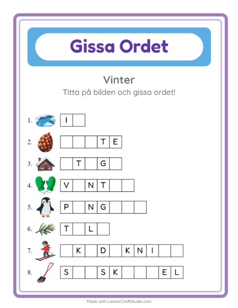 Förhandsvisning av Gissa Ordet-arbetsblad med Vinter för Förskoleklass