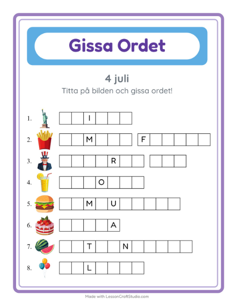 Förhandsvisning av Gissa Ordet-arbetsblad med 4 juli för Förskoleklass