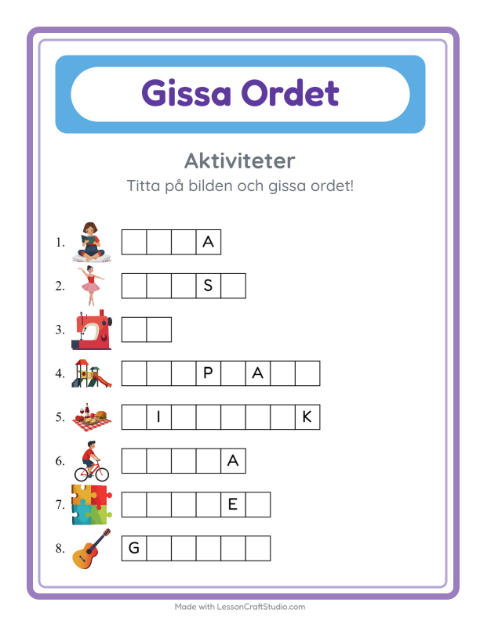 Förhandsvisning av Gissa Ordet-arbetsblad med Aktiviteter för Förskoleklass