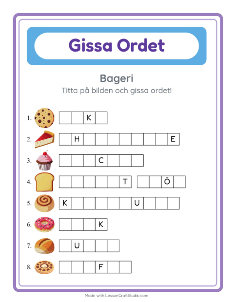 Förhandsvisning av Gissa Ordet-arbetsblad med Bageri för Förskoleklass