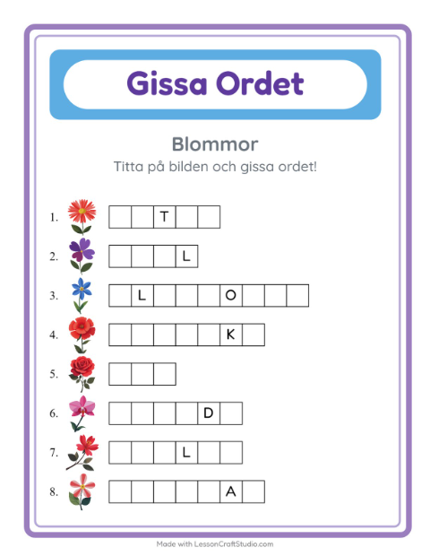 Förhandsvisning av Gissa Ordet-arbetsblad med Blommor för Förskoleklass