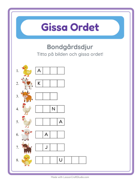 Förhandsvisning av Gissa Ordet-arbetsblad med Bondgårdsdjur för Förskoleklass
