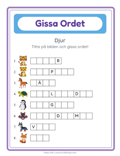 Förhandsvisning av Gissa Ordet-arbetsblad med Djur för Förskoleklass