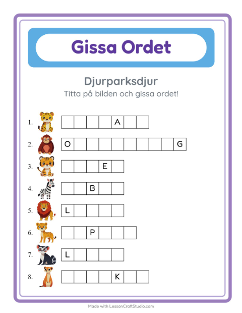 Förhandsvisning av Gissa Ordet-arbetsblad med Djurparksdjur för Förskoleklass