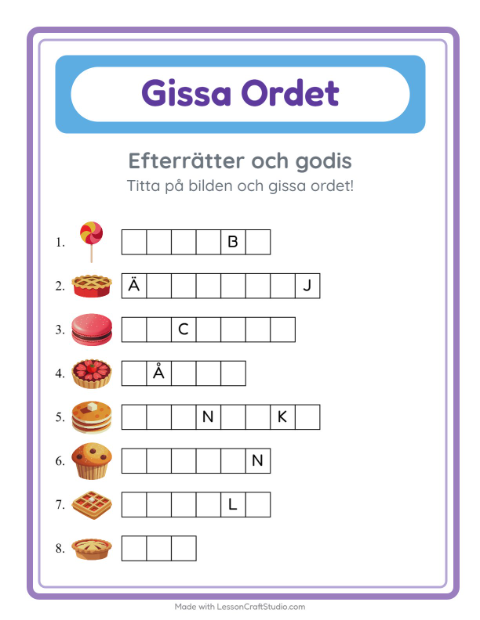 Förhandsvisning av Gissa Ordet-arbetsblad med Efterrätter och godis för Förskoleklass