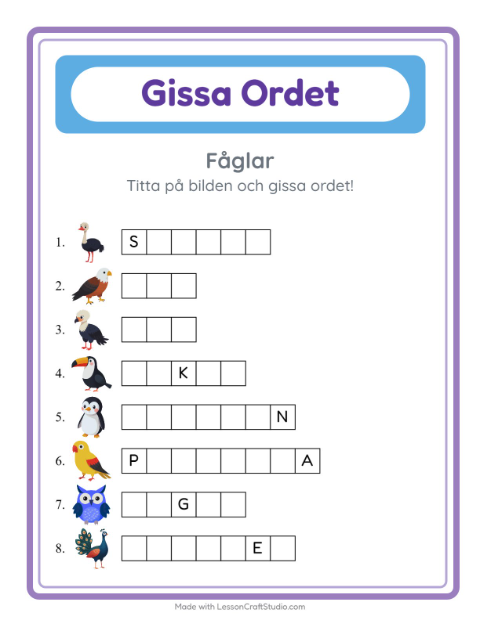 Förhandsvisning av Gissa Ordet-arbetsblad med Fåglar för Förskoleklass