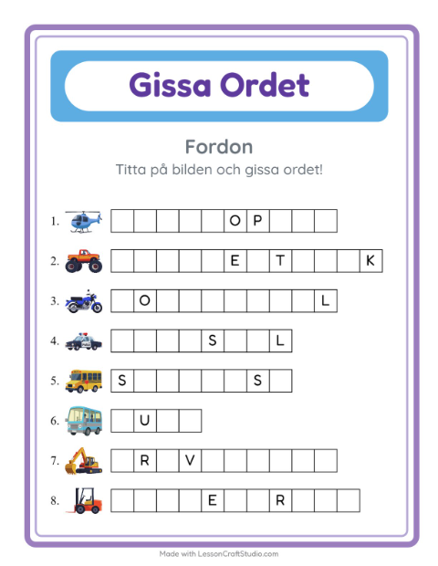 Förhandsvisning av Gissa Ordet-arbetsblad med Fordon för Förskoleklass