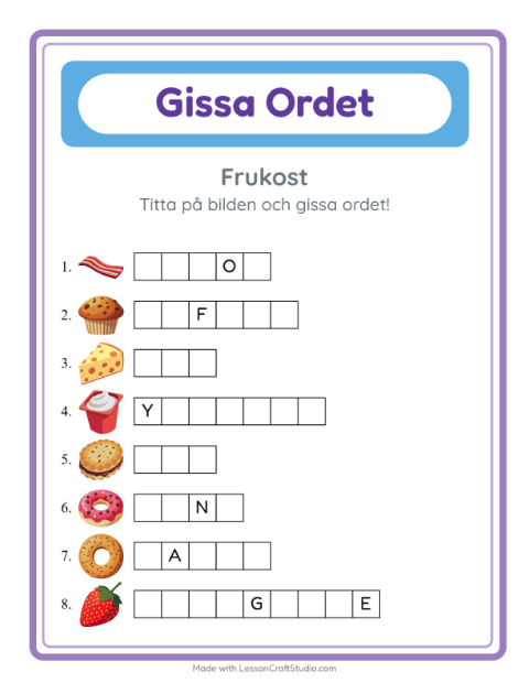 Förhandsvisning av Gissa Ordet-arbetsblad med Frukost för Förskoleklass