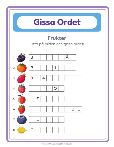 Förhandsvisning av Gissa Ordet-arbetsblad med Frukter för Förskoleklass