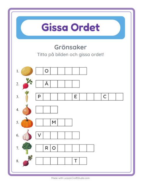 Förhandsvisning av Gissa Ordet-arbetsblad med Grönsaker för Förskoleklass
