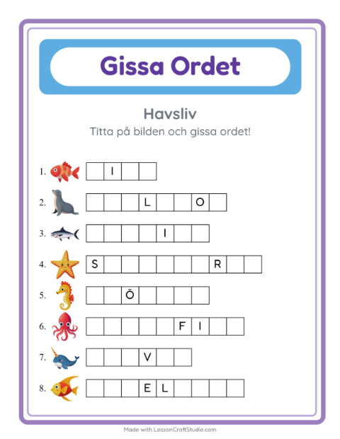 Förhandsvisning av Gissa Ordet-arbetsblad med Havsliv för Förskoleklass