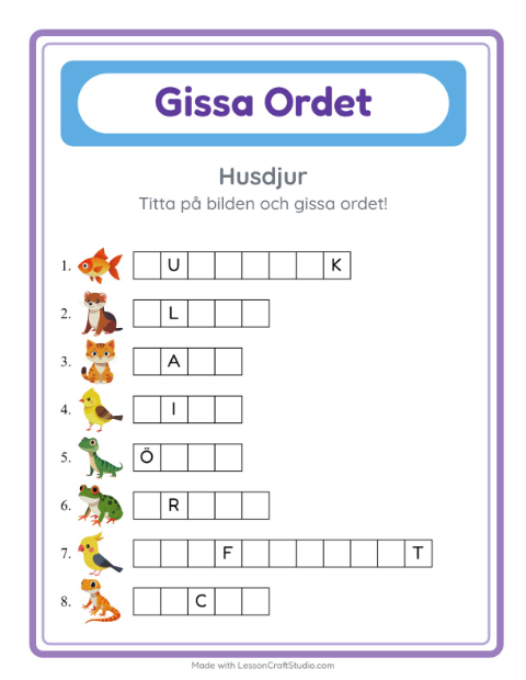 Förhandsvisning av Gissa Ordet-arbetsblad med Husdjur för Förskoleklass