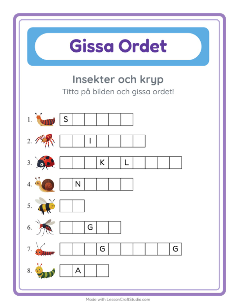 Förhandsvisning av Gissa Ordet-arbetsblad med Insekter och kryp för Förskoleklass