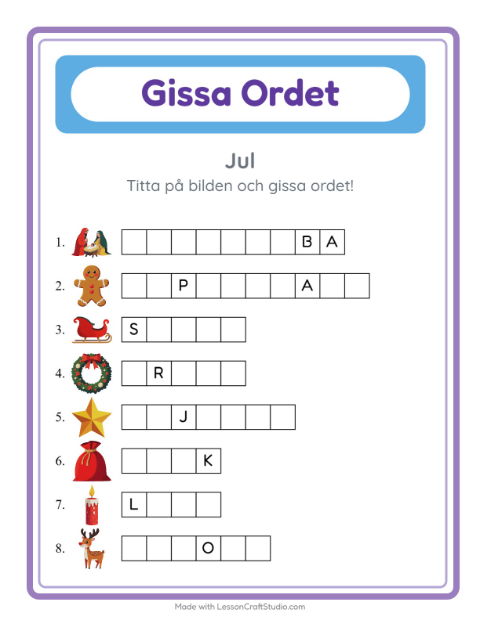 Förhandsvisning av Gissa Ordet-arbetsblad med Jul för Förskoleklass