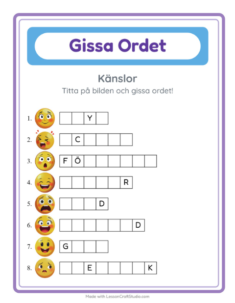 Förhandsvisning av Gissa Ordet-arbetsblad med Känslor för Förskoleklass