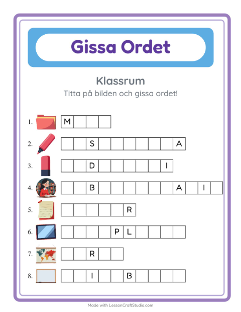 Förhandsvisning av Gissa Ordet-arbetsblad med Klassrum för Förskoleklass