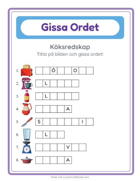 Förhandsvisning av Gissa Ordet-arbetsblad med Köksredskap för Förskoleklass