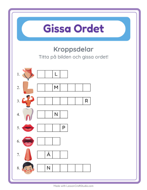 Förhandsvisning av Gissa Ordet-arbetsblad med Kroppsdelar för Förskoleklass