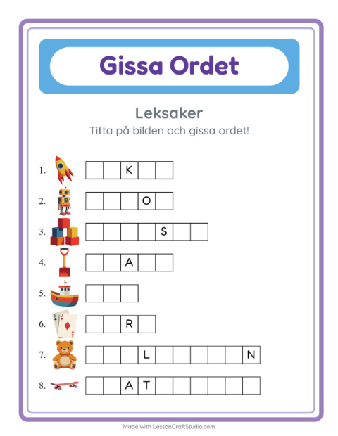 Förhandsvisning av Gissa Ordet-arbetsblad med Leksaker för Förskoleklass